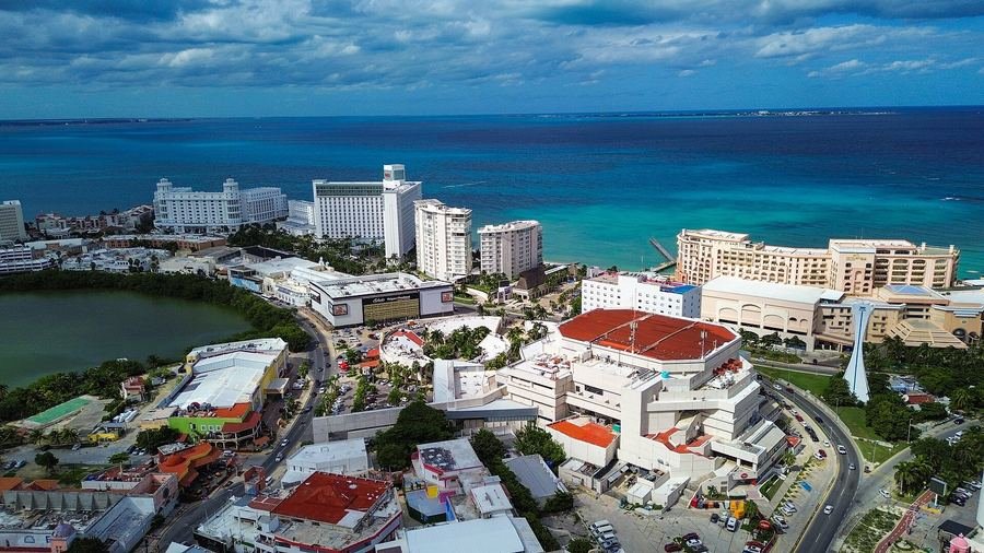 Aerial view of the Cancun Hotel Zone between the lagoon and the sea